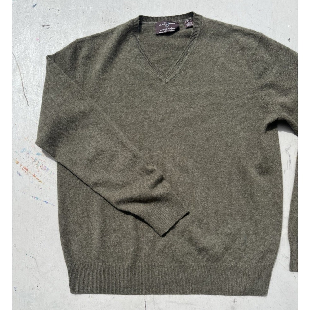 Men's Black Brown‎ Sweater Green Solid L Stretch Cashmere V-Neck Casual Preppy